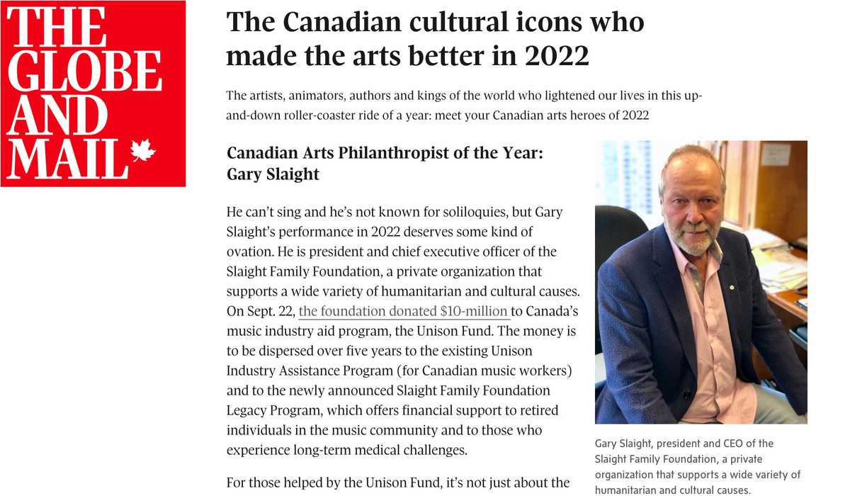 Gary Slaight celebrated in the Globe and Mail as 2022 arts icon